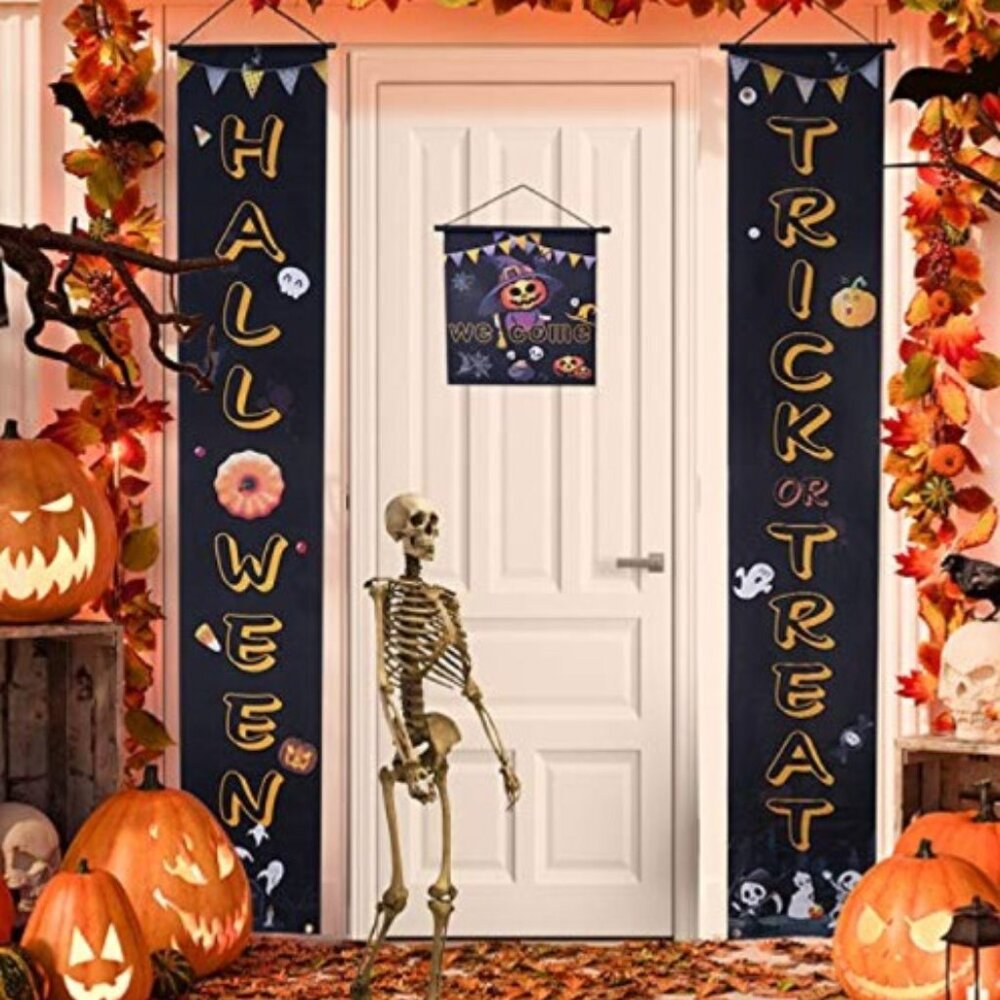 Halloween Trick or Treat 3 Pc Door Porch Banner Set Welcome Pumpkin Decor NWT